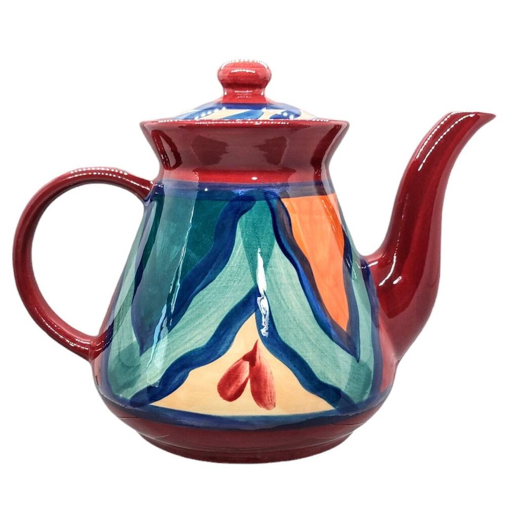 Vintage Gail Pittman Red Azalea Teapot Signed Art Pottery Hand Painted READ